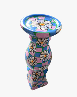 Pink & Blue Daisy Checkered Hand Painted 12 inch Candle Holder