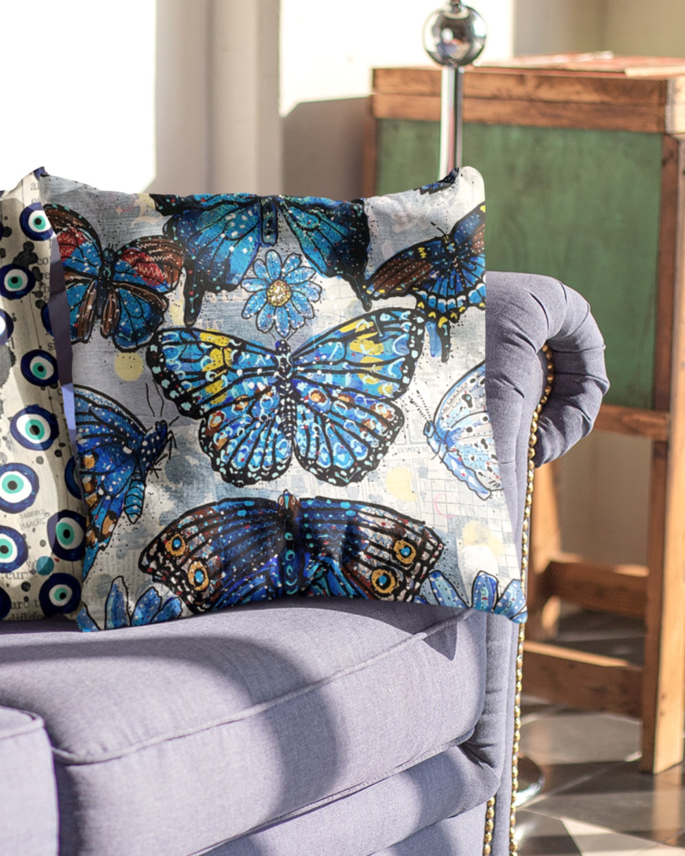 Butterfly Blue Faux Suede Pillow - Heather Freitas - fine art home deccor