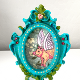Blue Floral Flying Pig ( Mini Original Painting )