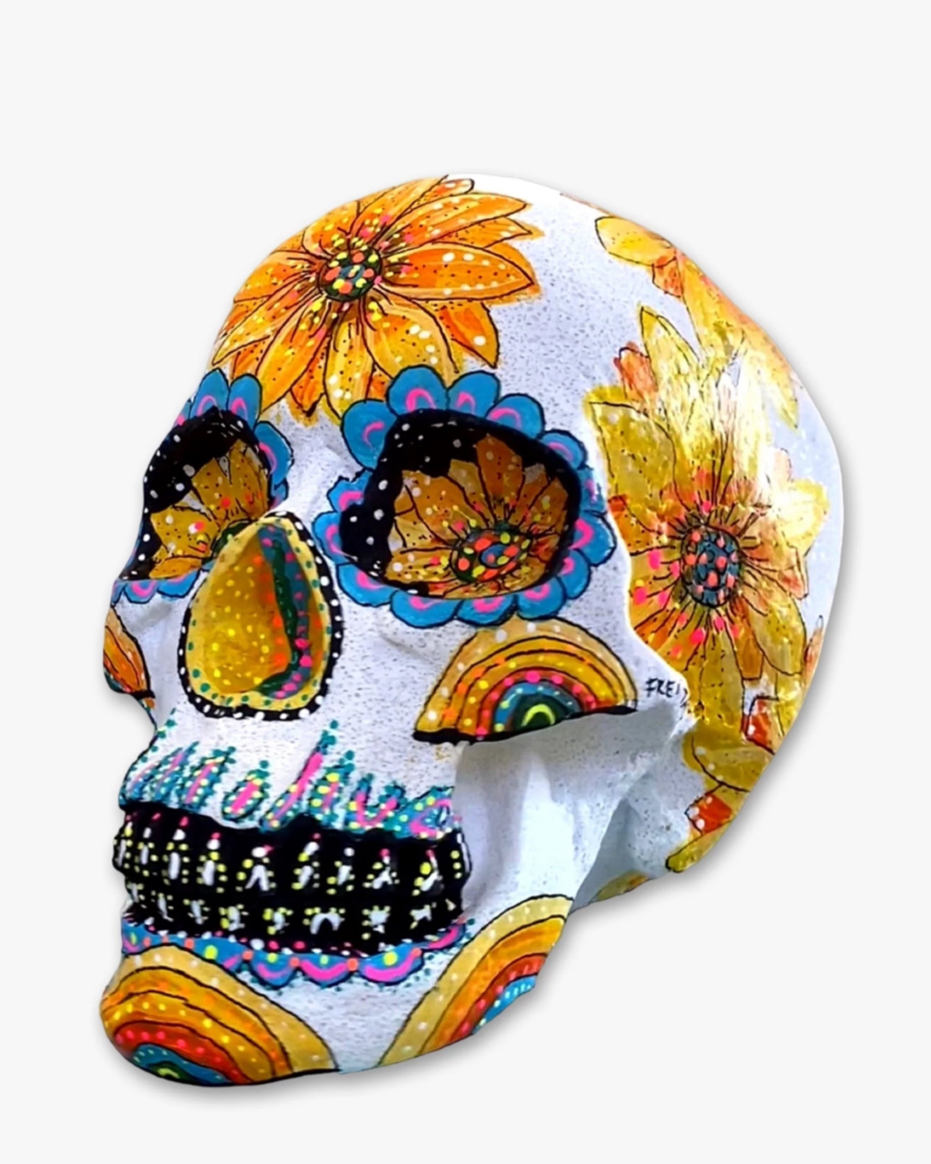 Vintage Rainbows & Sunflowers Skull ( Hand Painted Sculpture )