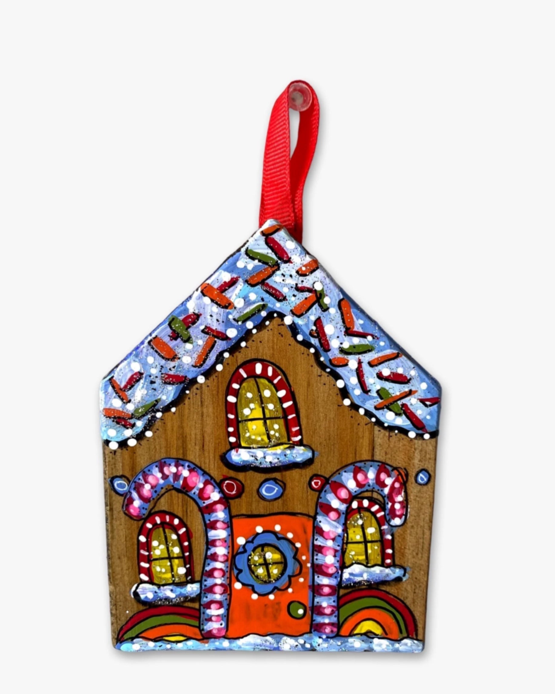 Candy Can Vintage Rainbow Gingerbread House - Hand Painted Ornament