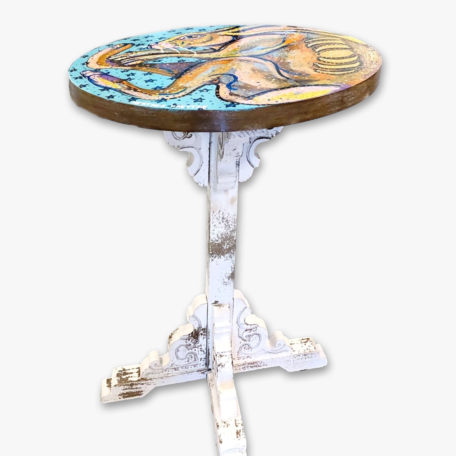 Birth Of The Hare - Hand Painted Accent table - Heather Freitas - fine art home deccor