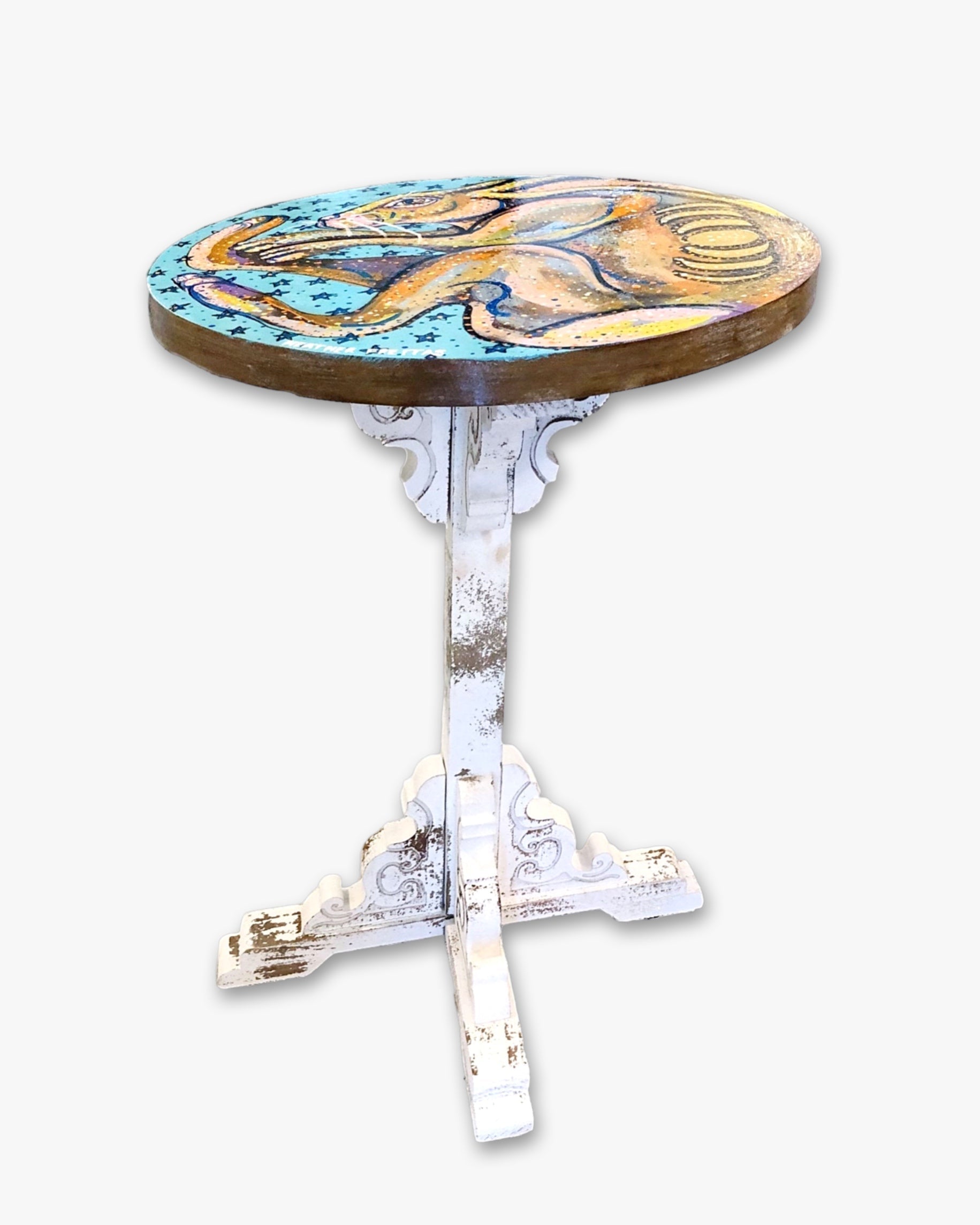 Birth Of The Hare - Hand Painted Accent table - Heather Freitas - fine art home deccor