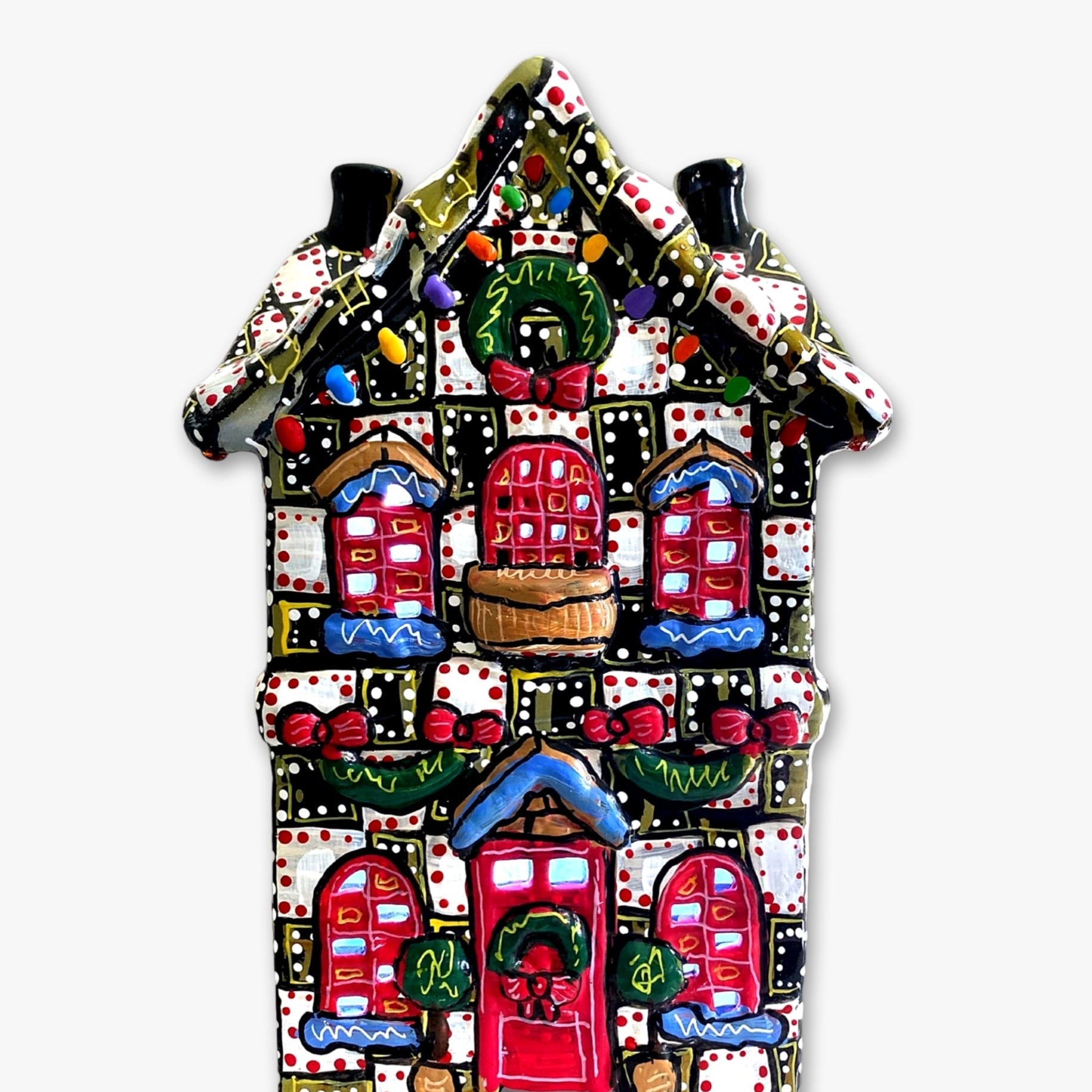 Black, White & Brass Hand Painted Ceramic LED Christmas Village House - Heather Freitas - fine art home deccor