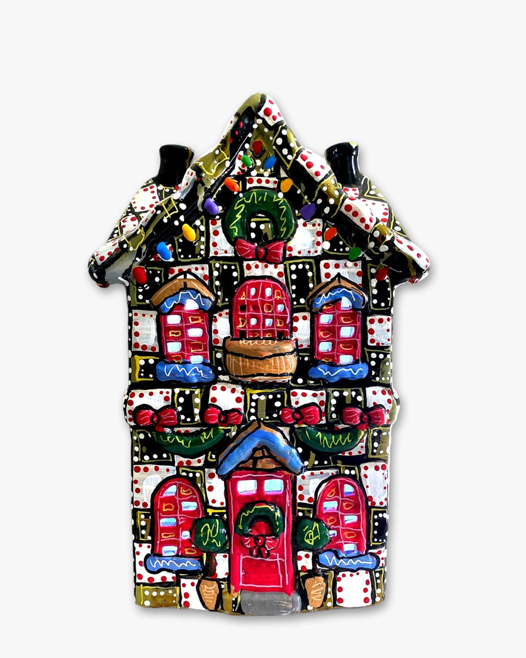 Black, White & Brass Hand Painted Ceramic LED Christmas Village House - Heather Freitas - fine art home deccor