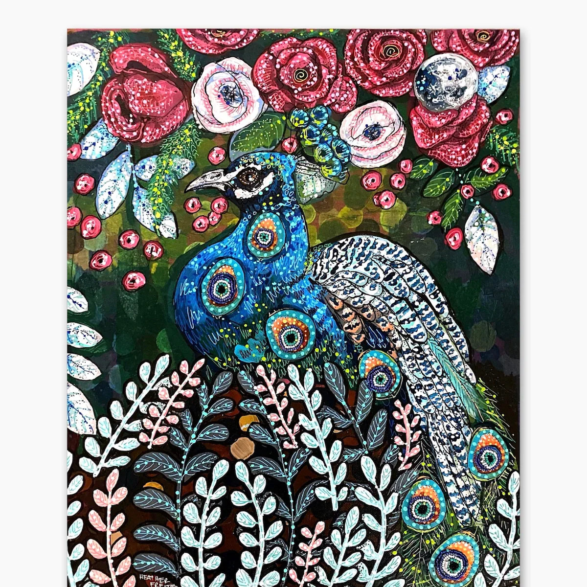 Evil Eye Blue Boy Peacock ( Original Painting With Beaded Accents ) - Heather Freitas - fine art home deccor