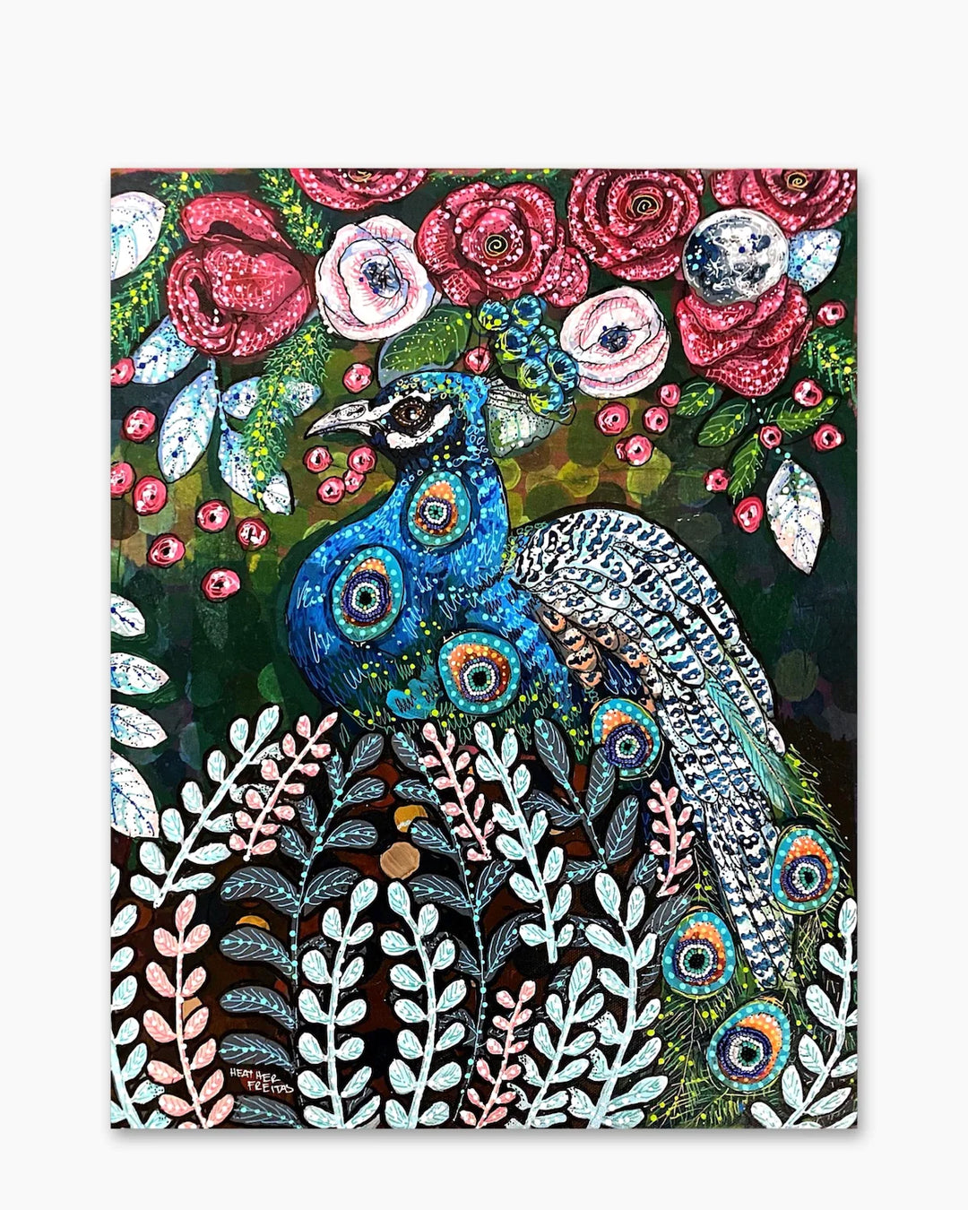Blue Boy Peacock - Painting With Beaded Embellishments - Heather Freitas 