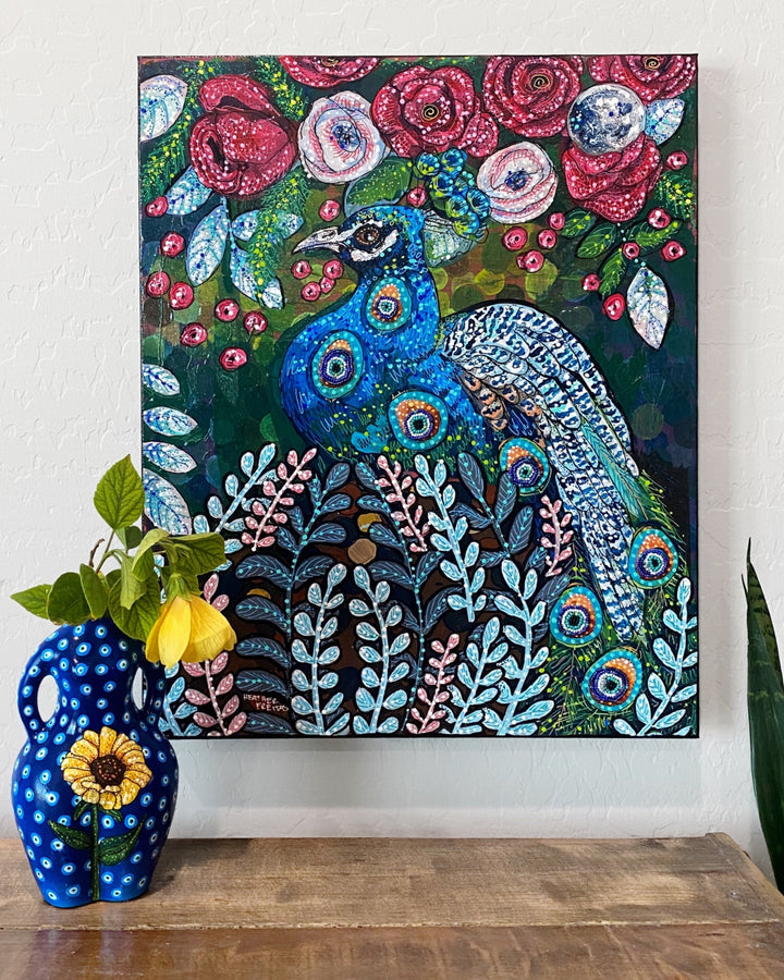 Evil Eye Blue Boy Peacock ( Original Painting With Beaded Accents ) - Heather Freitas - fine art home deccor