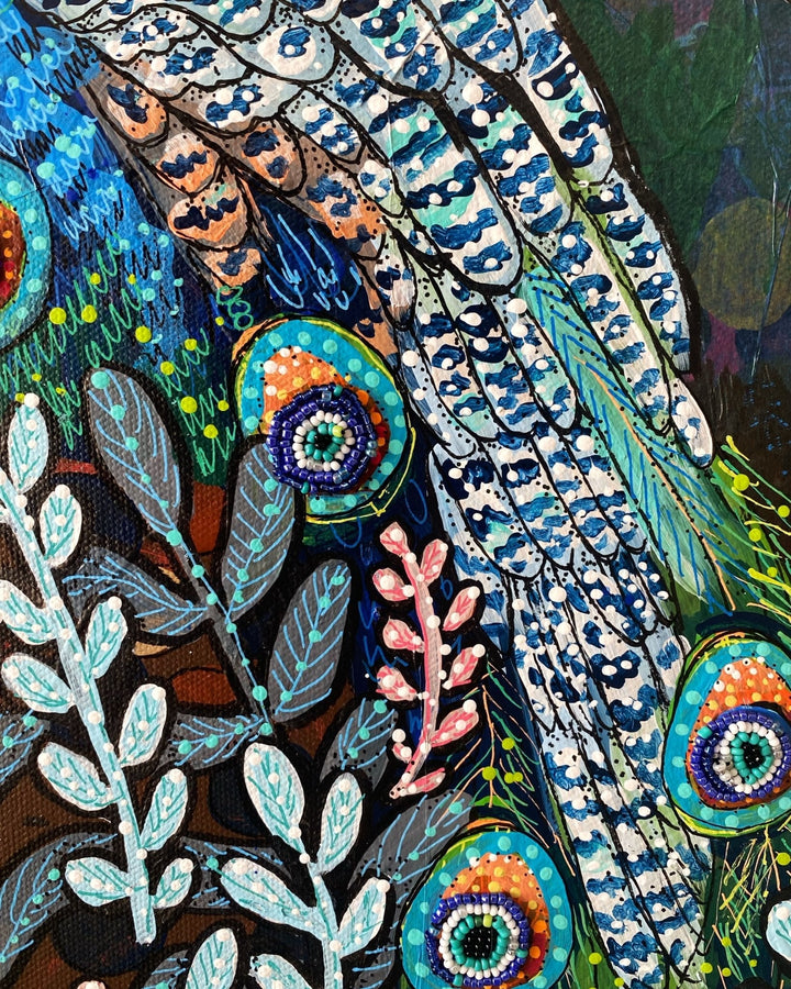 Evil Eye Blue Boy Peacock ( Original Painting With Beaded Accents ) - Heather Freitas - fine art home deccor