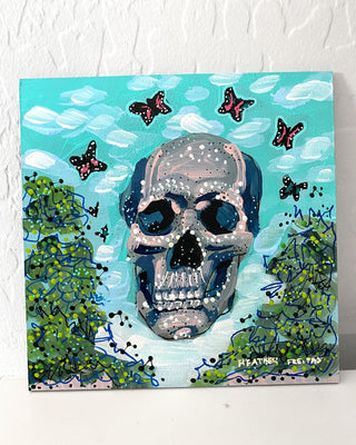 Blue Skies & Butterflies Skull ( Original Painting ) - Heather Freitas - fine art home deccor
