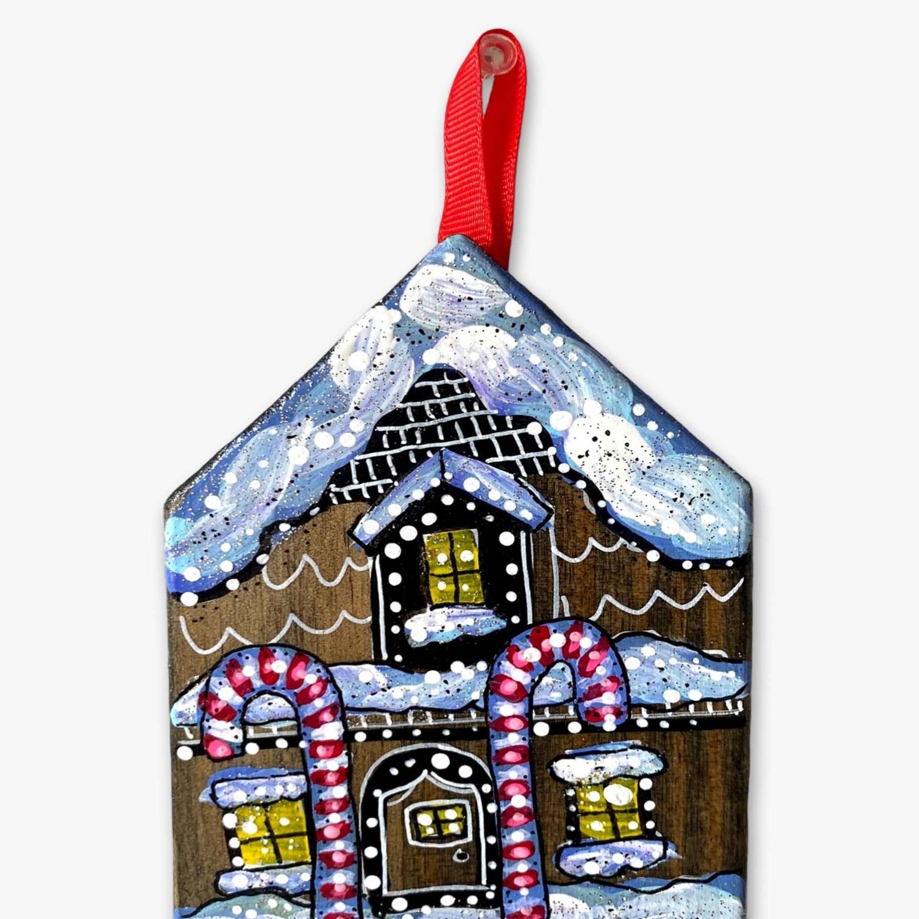 Candy Cane Gingerbread Cottage - Hand Painted Ornament - Heather Freitas - fine art home deccor