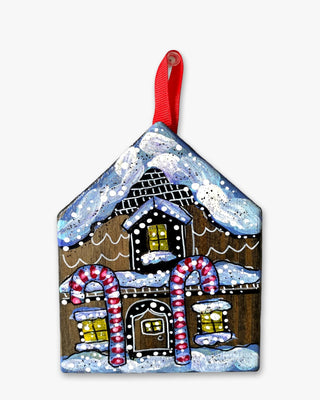 Candy Cane Gingerbread Cottage - Hand Painted Ornament - Heather Freitas - fine art home deccor