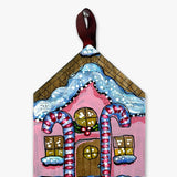 Candy Cane Pink Frosting Gingerbread House - Hand Painted Ornament - Heather Freitas - fine art home deccor