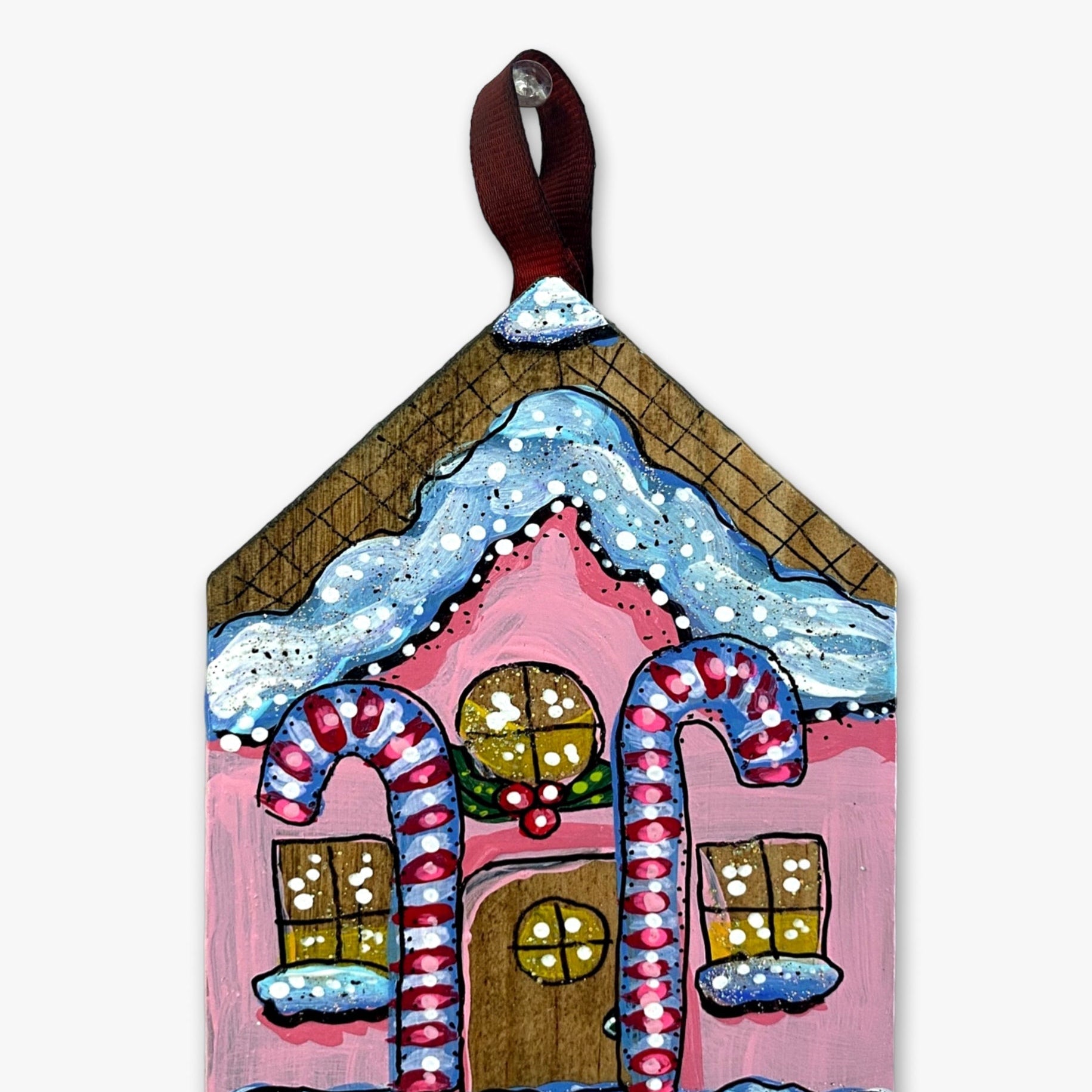Candy Cane Pink Frosting Gingerbread House - Hand Painted Ornament - Heather Freitas - fine art home deccor