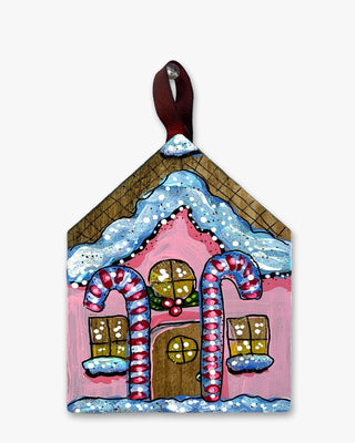 Candy Cane Pink Frosting Gingerbread House - Hand Painted Ornament - Heather Freitas - fine art home deccor
