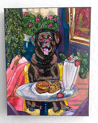 Chocolate Lab At Burger Shop ( Original Painting ) - Heather Freitas - fine art home deccor