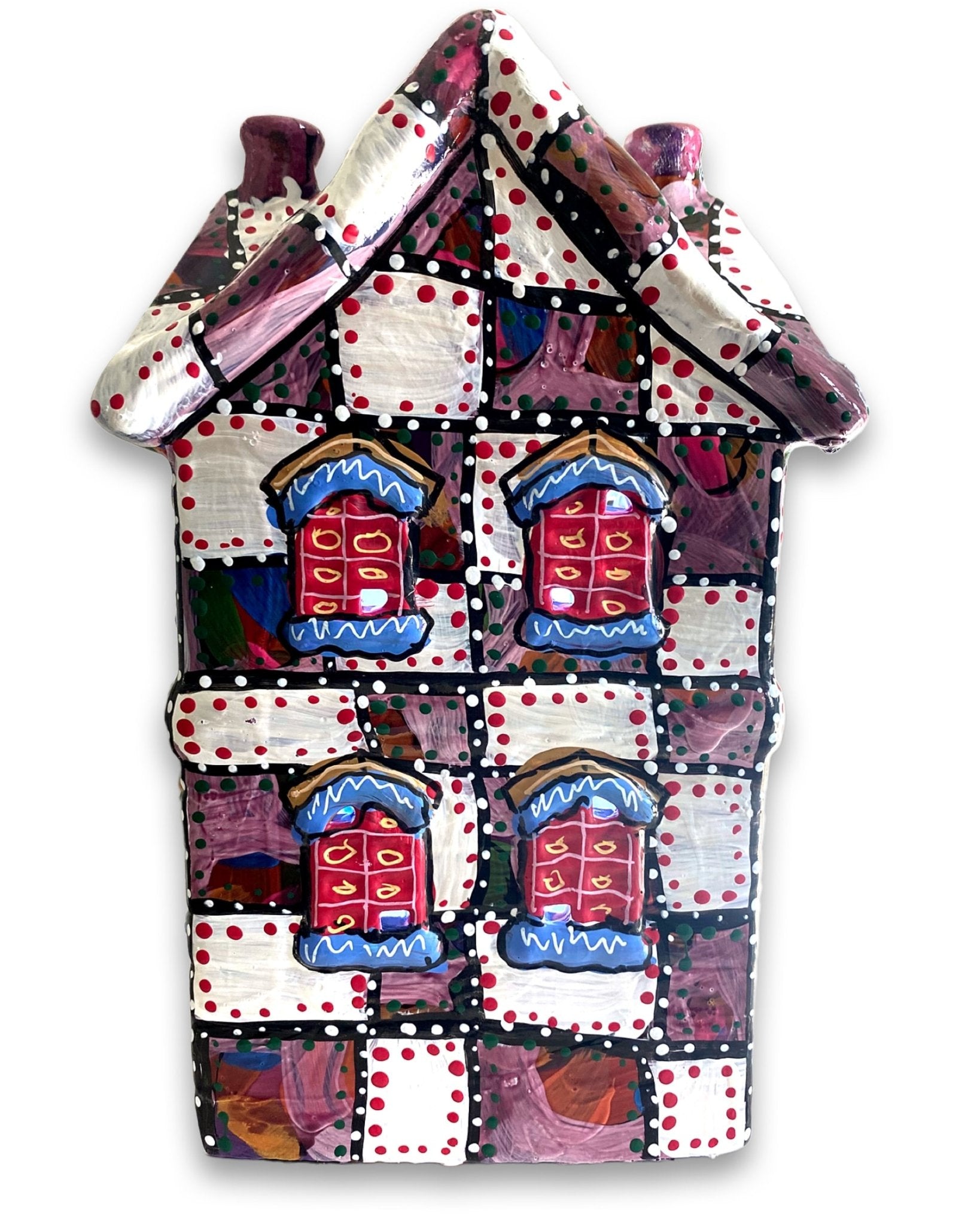 Colorful Purple Hand Painted Ceramic LED Ceramic LED Christmas Village House - Heather Freitas - fine art home deccor