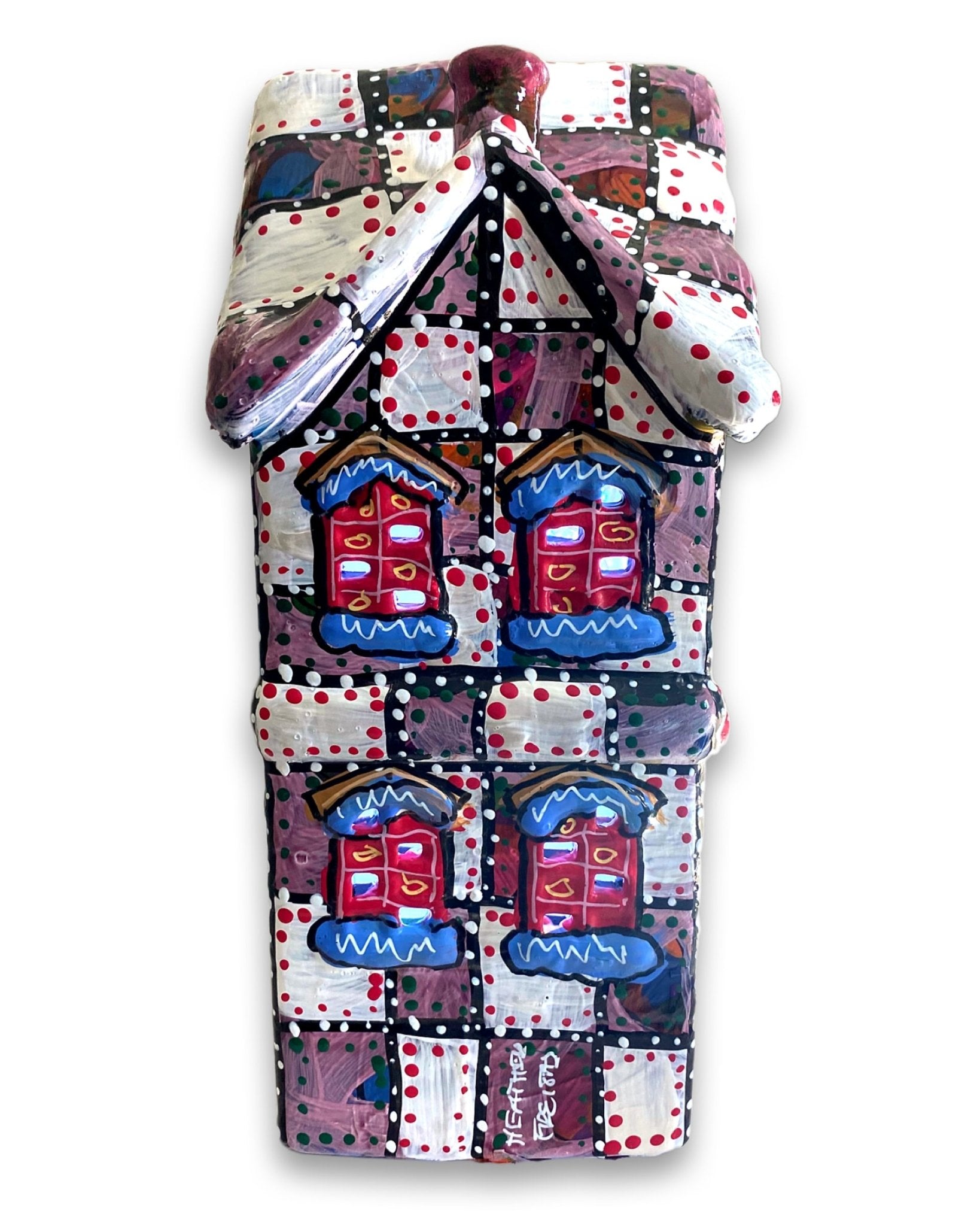 Colorful Purple Hand Painted Ceramic LED Ceramic LED Christmas Village House - Heather Freitas - fine art home deccor