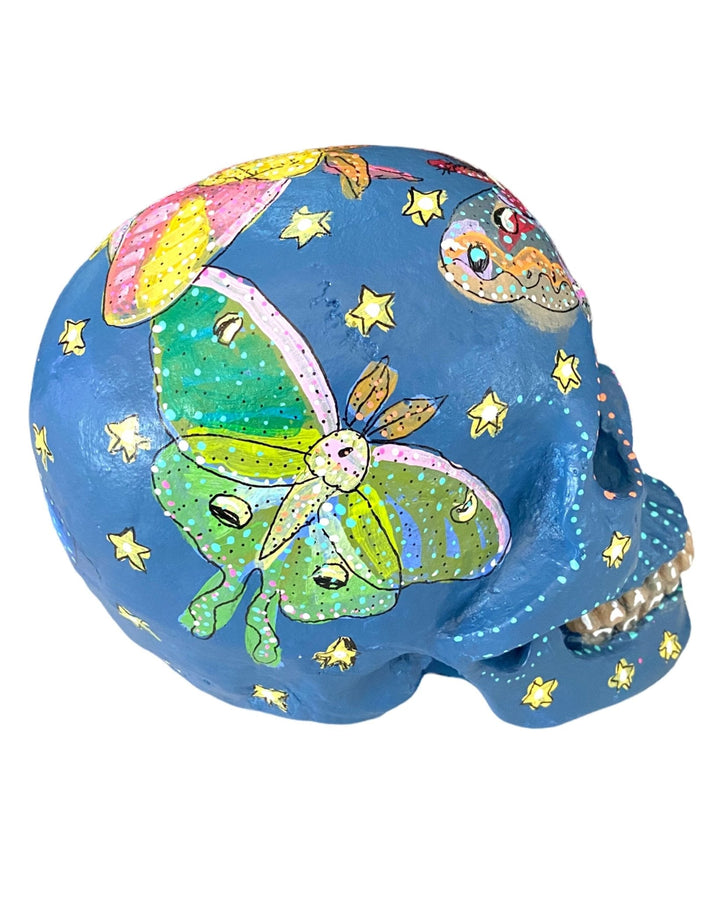 Dusk Moths - Hand Painted Skull Sculpture - Heather Freitas 