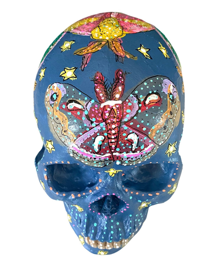 Dusk Moths - Hand Painted Skull Sculpture - Heather Freitas 