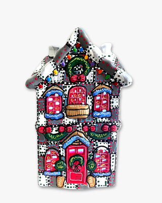 Grey With White & Green Hand Painted Ceramic LED Christmas Village House - Heather Freitas - fine art home deccor