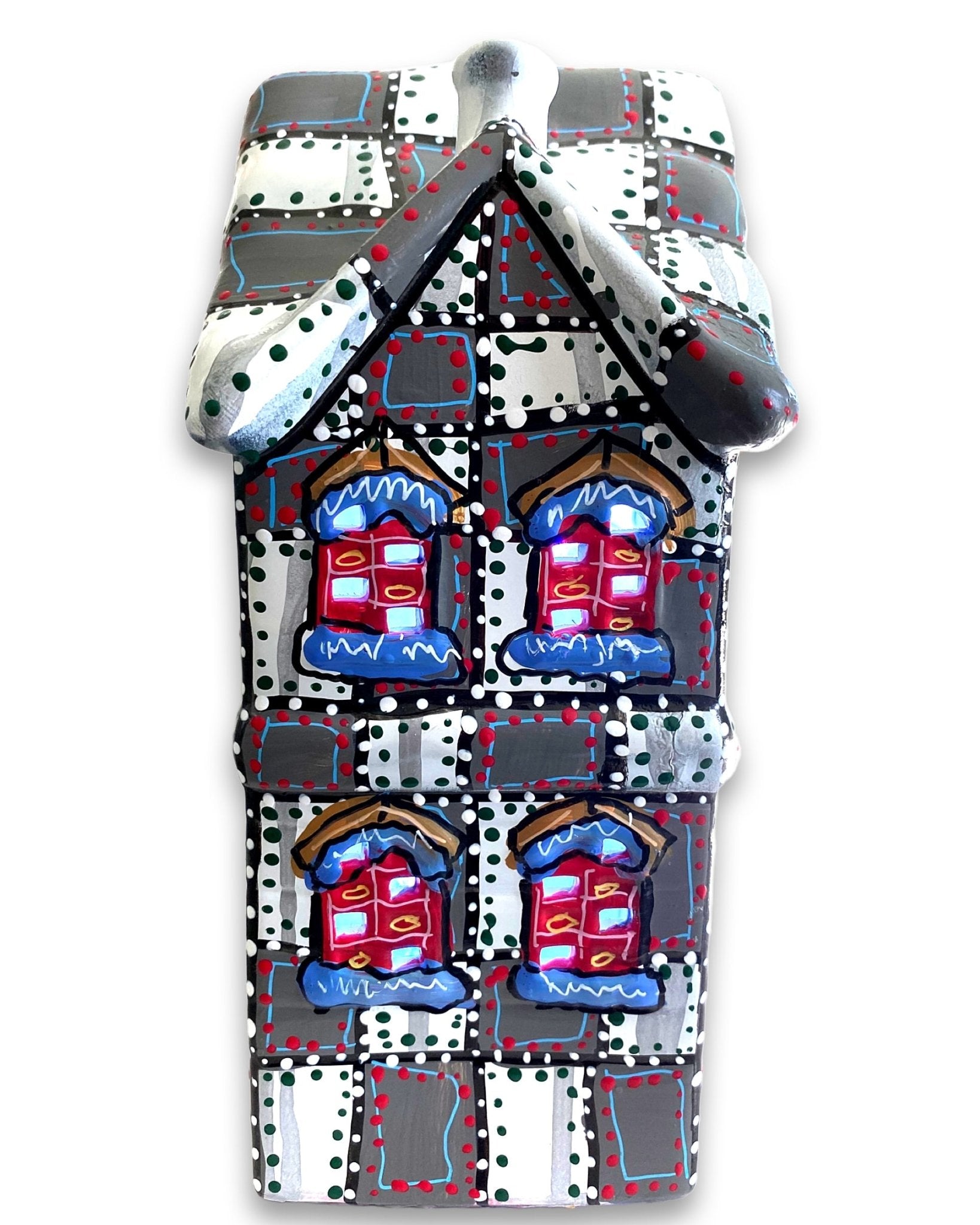Grey With White & Green Hand Painted Ceramic LED Christmas Village House - Heather Freitas - fine art home deccor