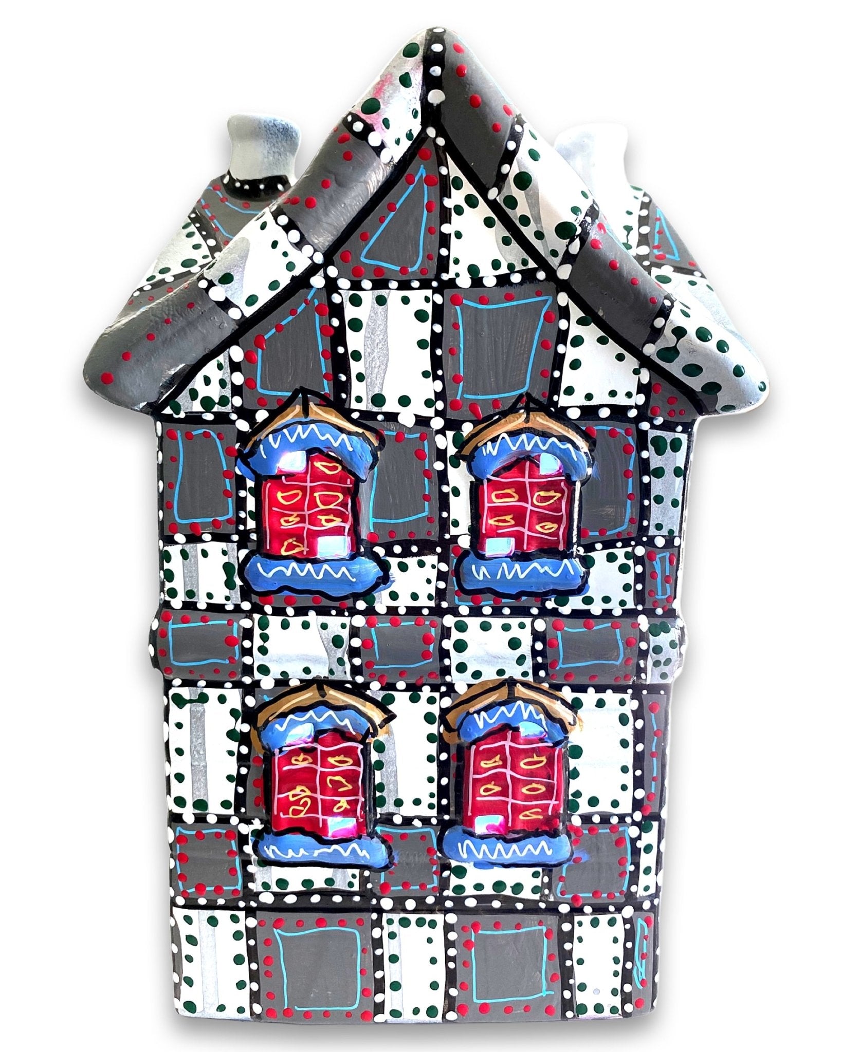 Grey With White & Green Hand Painted Ceramic LED Christmas Village House - Heather Freitas - fine art home deccor