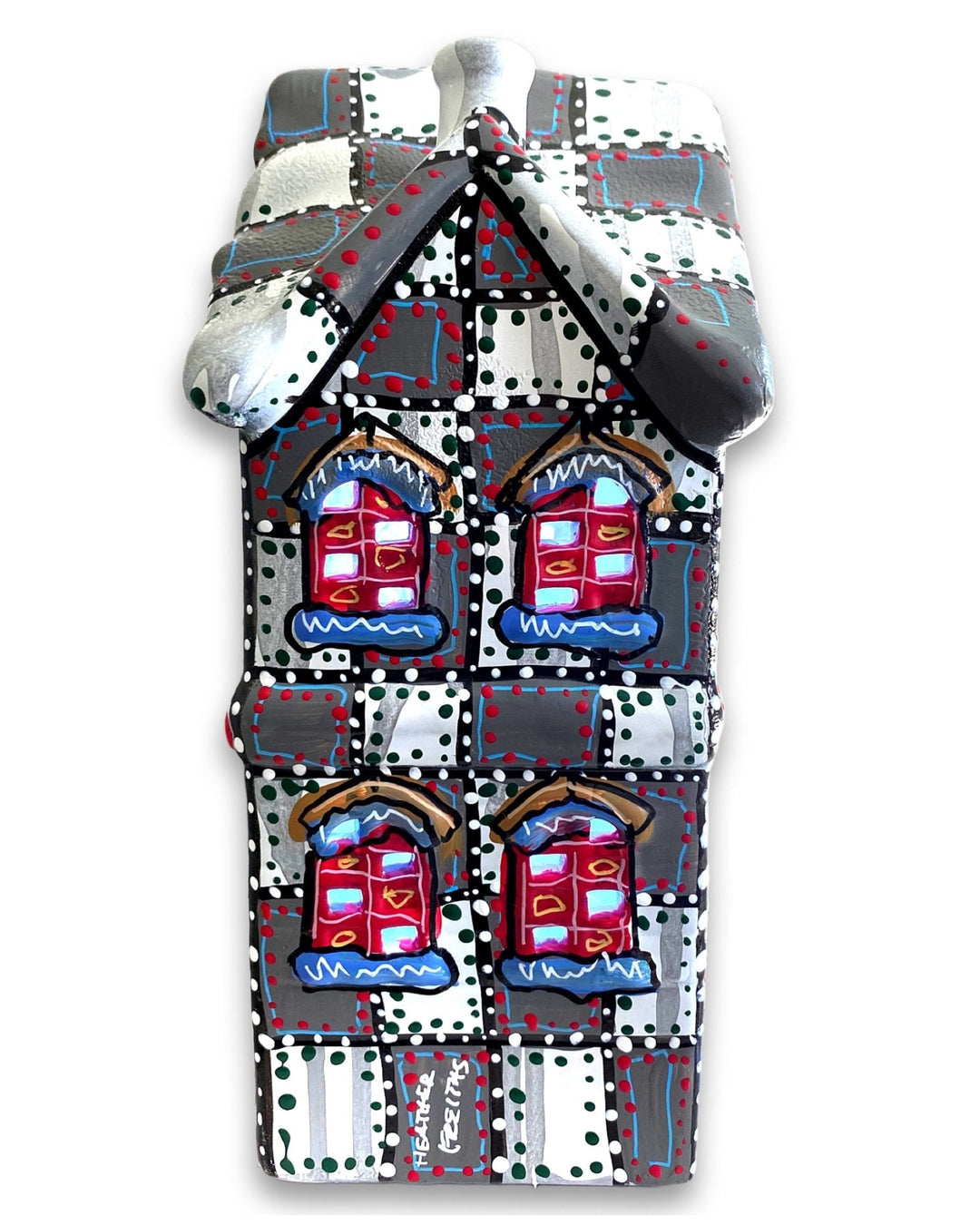 Grey With White & Green Hand Painted Ceramic LED Christmas Village House - Heather Freitas 