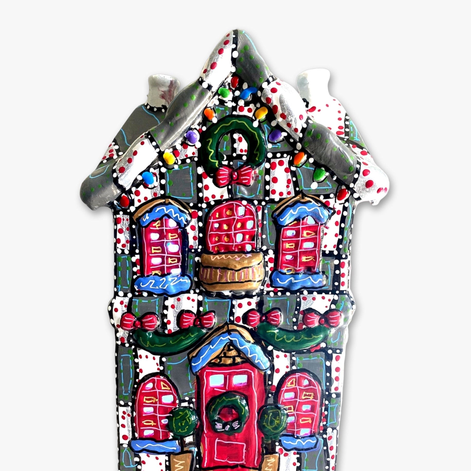 Grey With White & Red Hand Painted Ceramic LED Christmas Village House - Heather Freitas - fine art home deccor