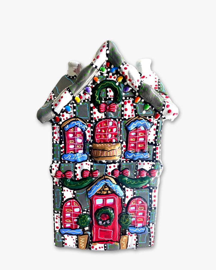 Grey With White & Red Hand Painted Ceramic LED Christmas Village House - Heather Freitas 