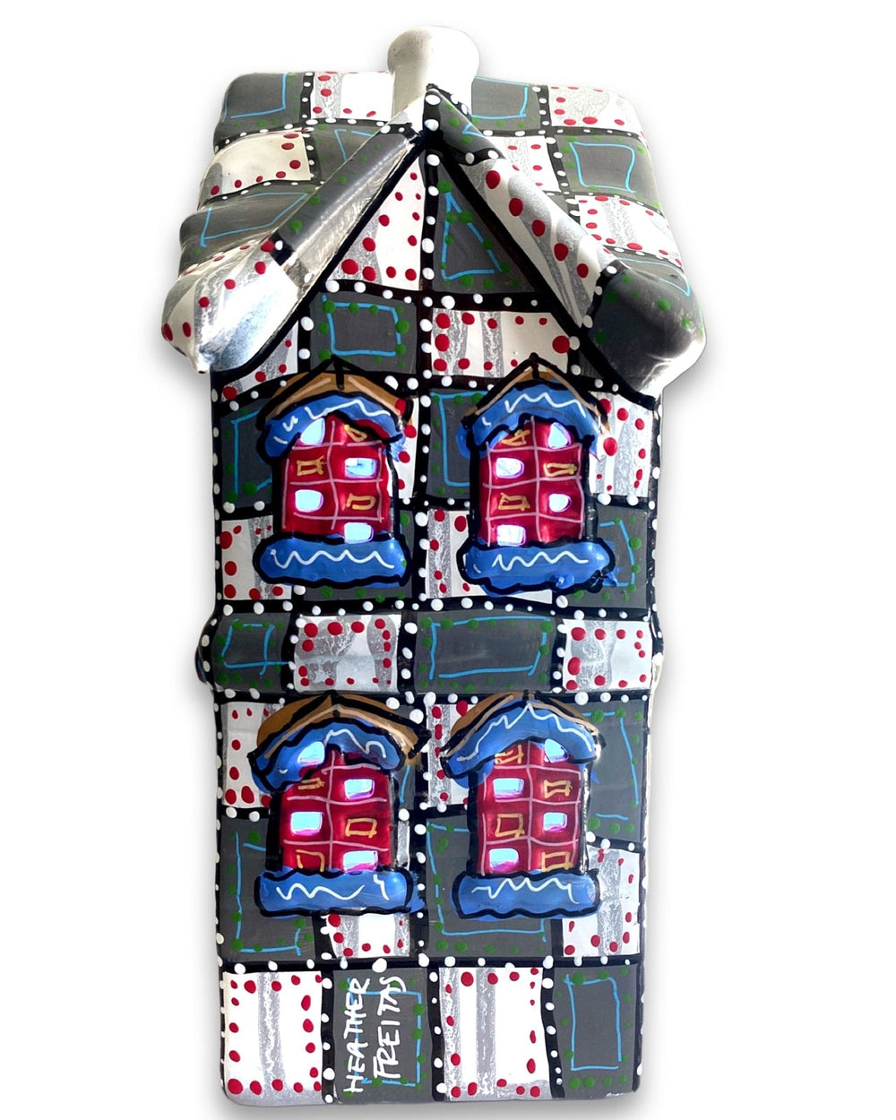 Grey With White & Red Hand Painted Ceramic LED Christmas Village House - Heather Freitas 