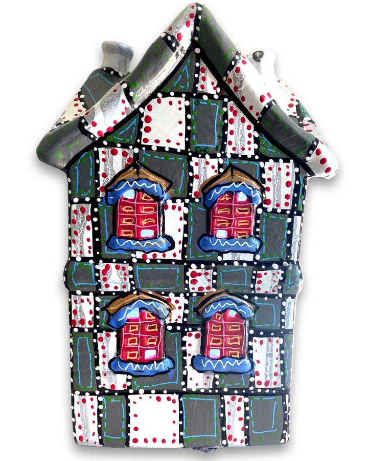 Grey With White & Red Hand Painted Ceramic LED Christmas Village House - Heather Freitas 