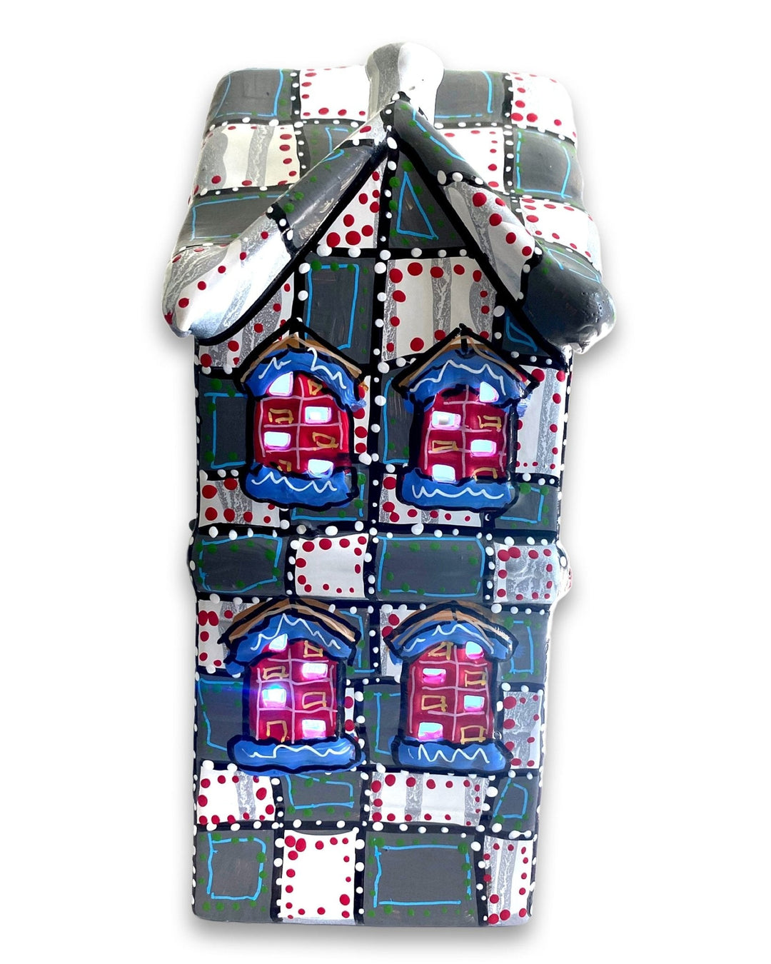 Grey With White & Red Hand Painted Ceramic LED Christmas Village House - Heather Freitas 