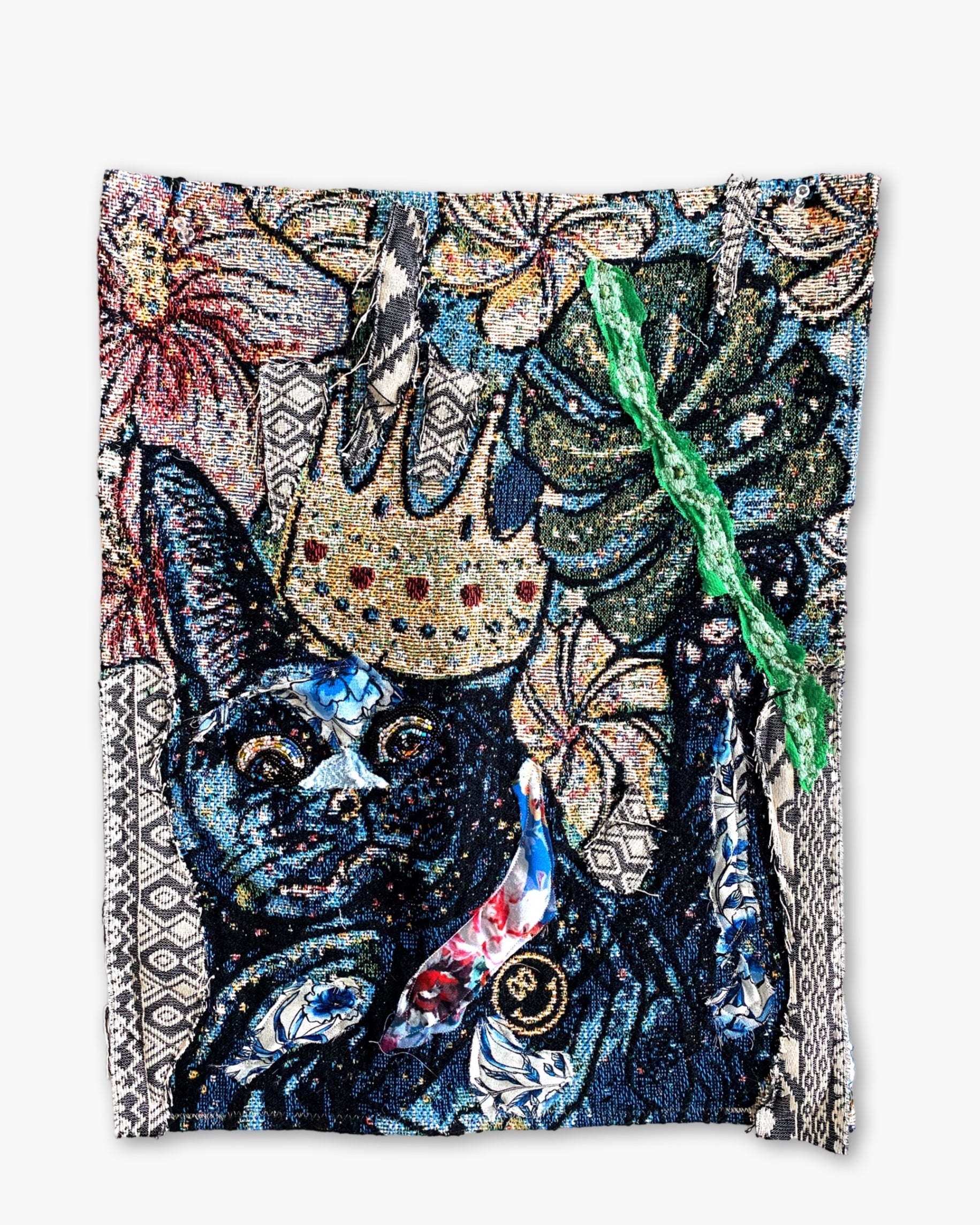 King Black Cat ( Fine Art Tapestry With Beaded Accents )