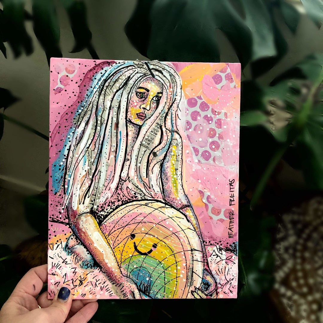 Mushroom Mandy - figurative rainbow Original portrait painting Heather Freitas 