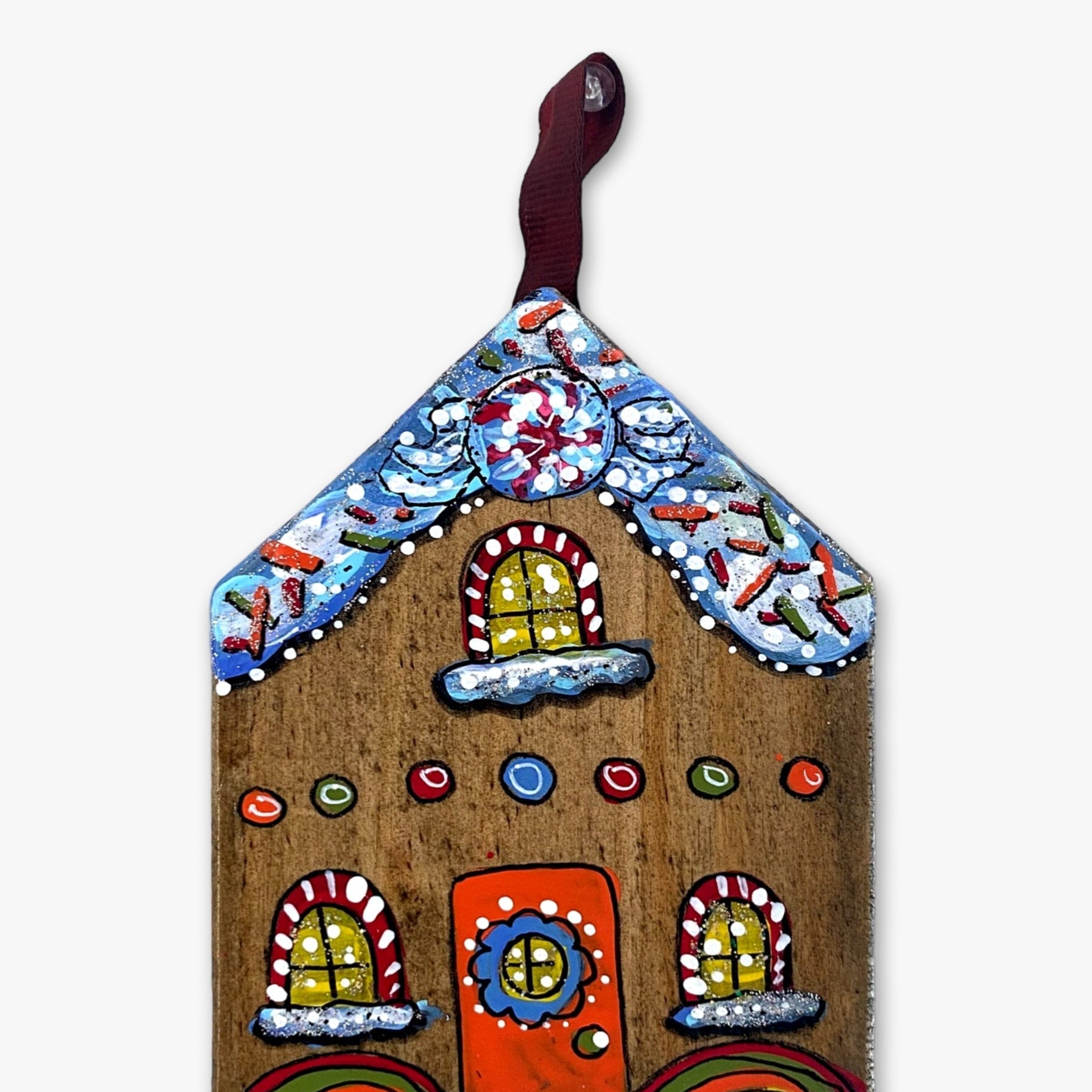 Peppermint Vintage Rainbow Gingerbread House - Hand Painted Ornament - Heather Freitas 