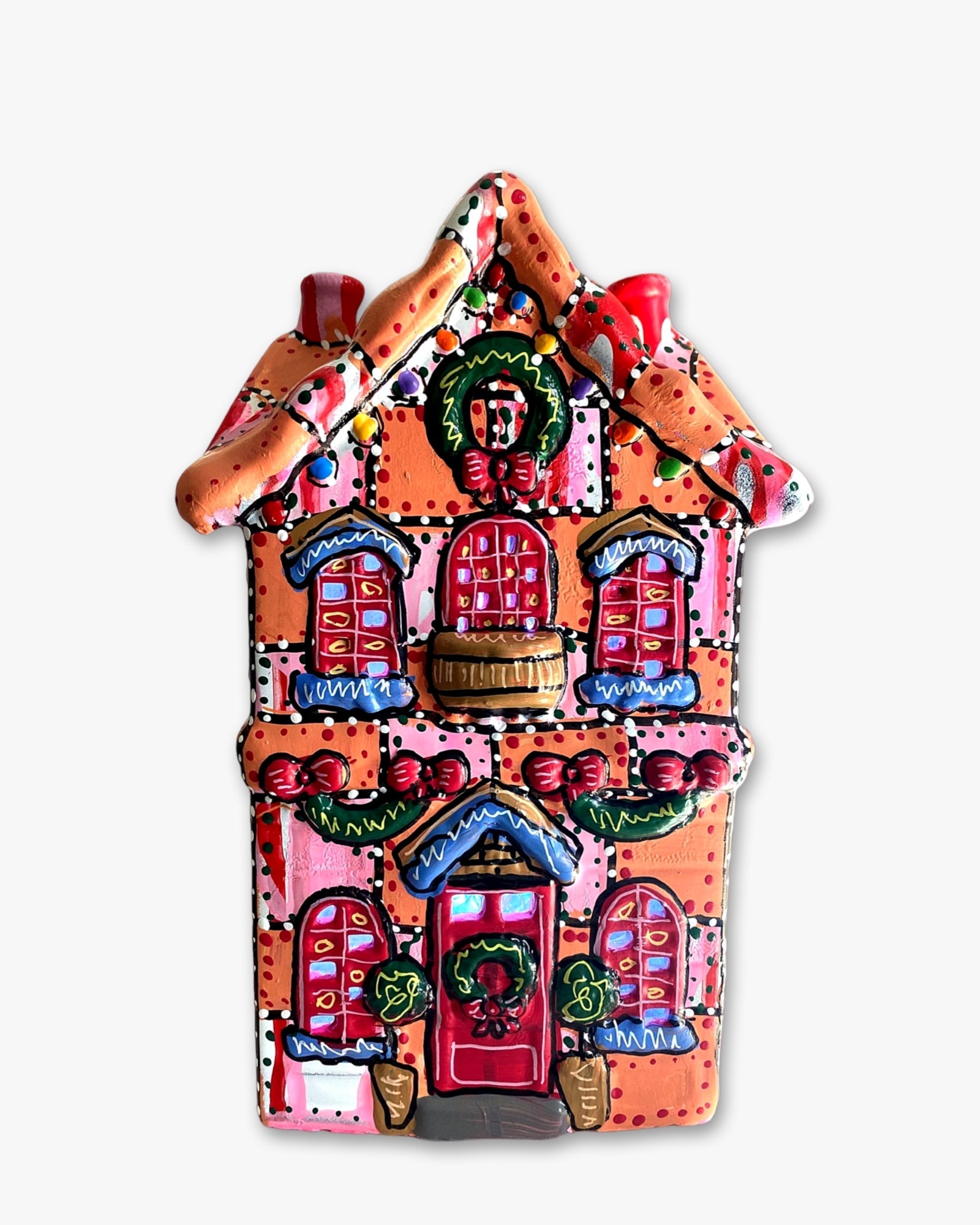 Pink & Peach Hand Painted Ceramic LED Christmas Village House - Heather Freitas 