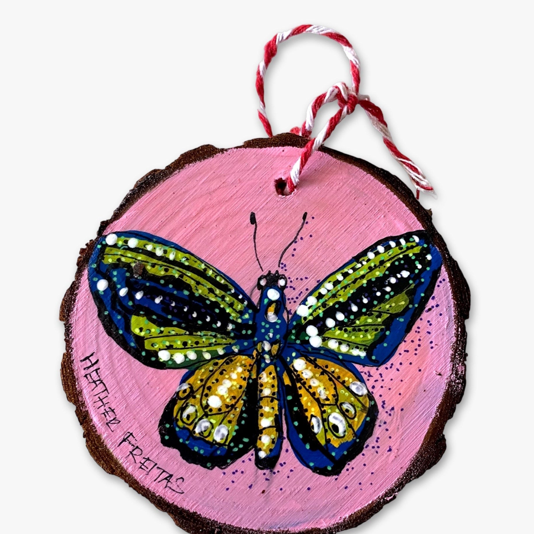 Pink Bliss & Forest Glow Butterfly Hand Painted Ornament - Heather Freitas 