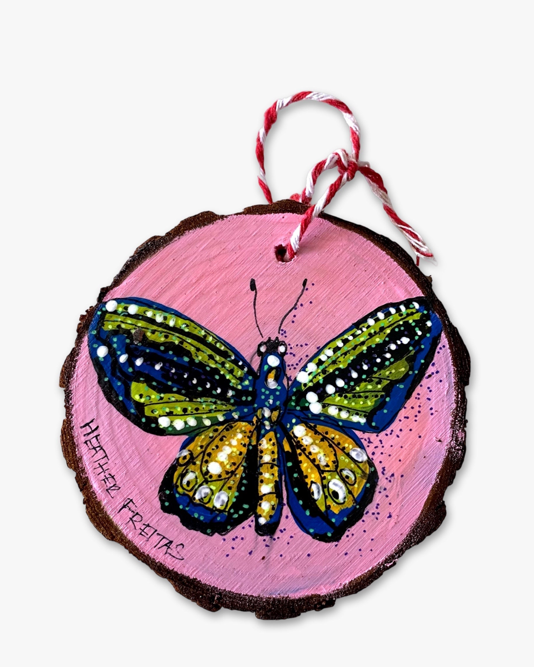 Pink Bliss & Forest Glow Butterfly Hand Painted Ornament - Heather Freitas 