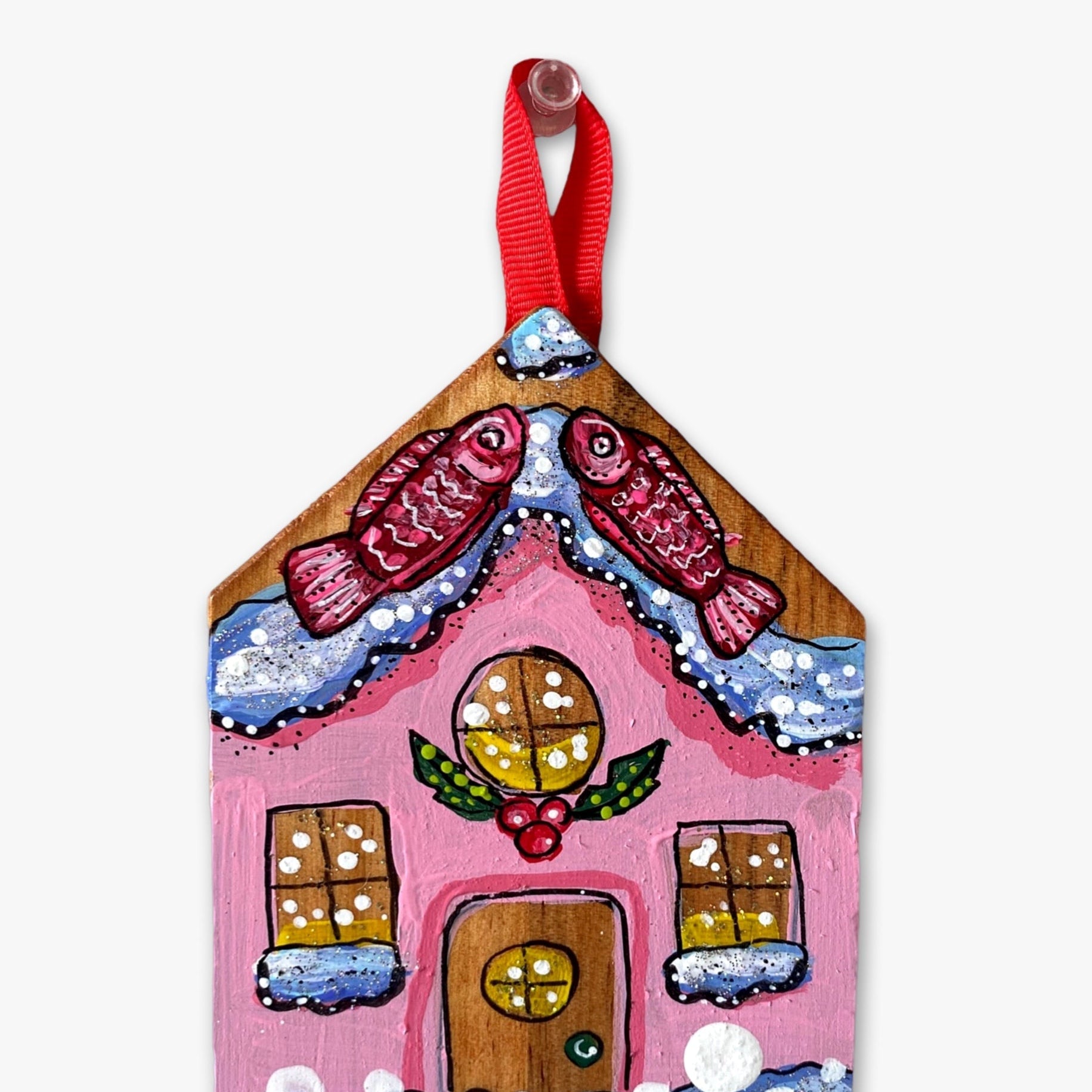 Pink Fish Frosting Gingerbread House - Hand Painted Ornament - Heather Freitas 