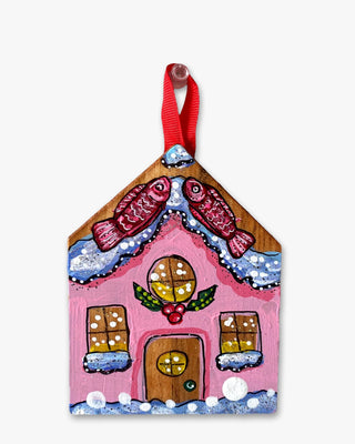 Pink Fish Frosting Gingerbread House - Hand Painted Ornament - Heather Freitas 