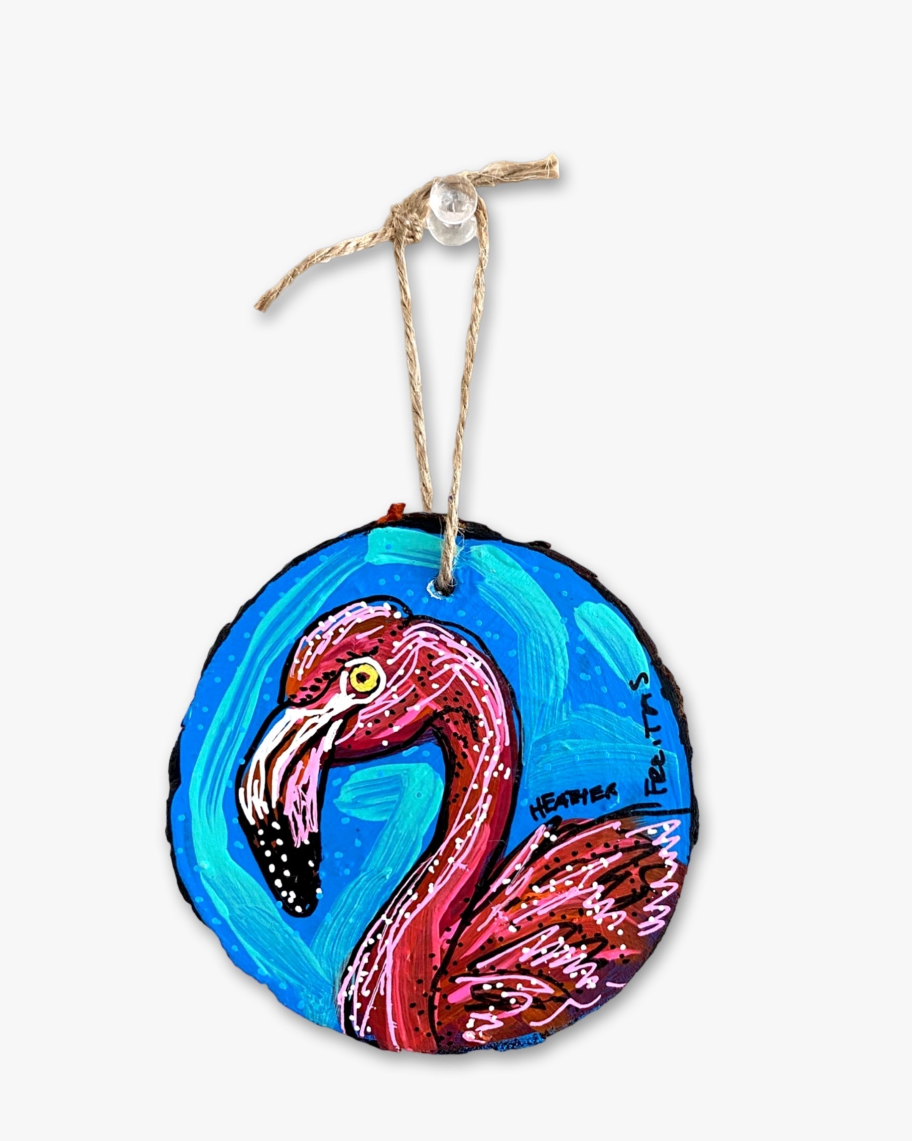 Pink Flamingo Hand Painted Ornament - Heather Freitas 
