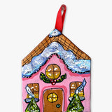 Pink Kiss Frosting Gingerbread House - Hand Painted Ornament - Heather Freitas 