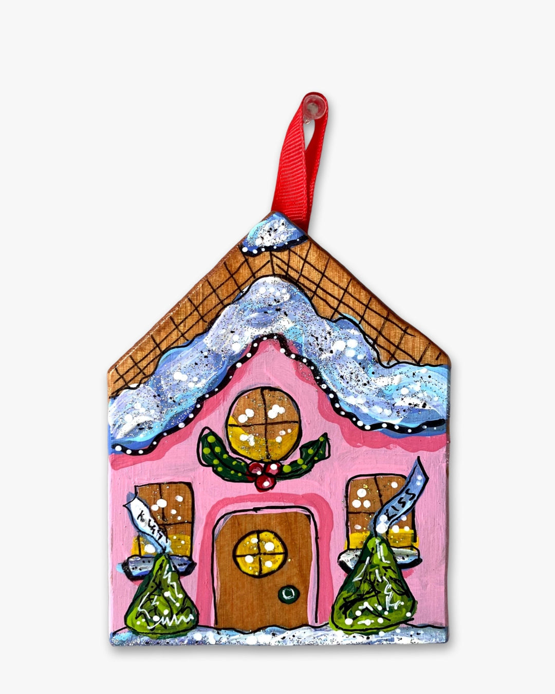 Pink Kiss Frosting Gingerbread House - Hand Painted Ornament - Heather Freitas 