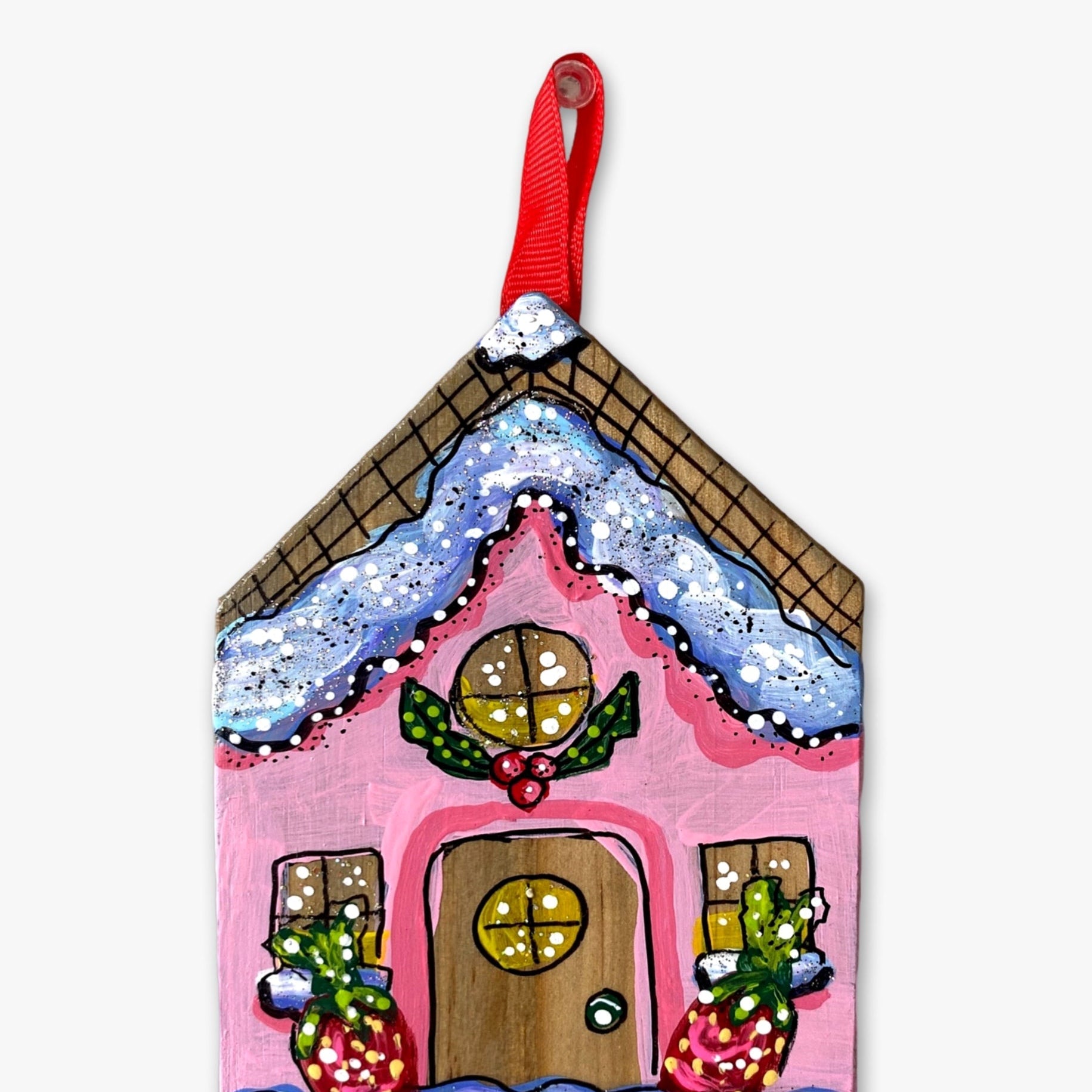 Pink Strawberry Frosting Gingerbread House - Hand Painted Ornament - Heather Freitas 