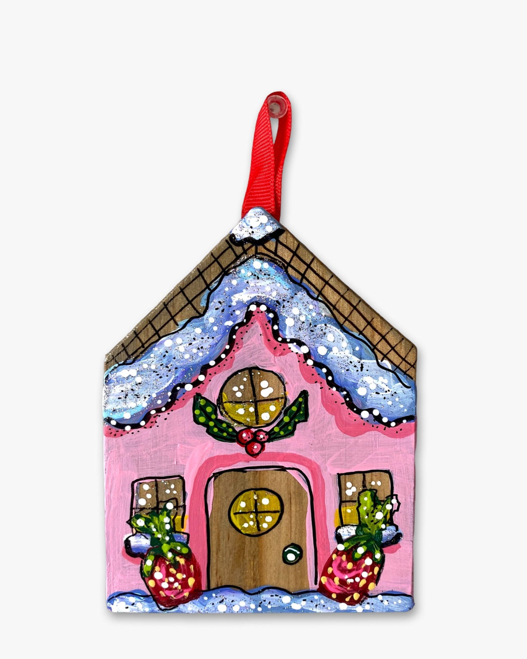 Pink Strawberry Frosting Gingerbread House - Hand Painted Ornament - Heather Freitas 