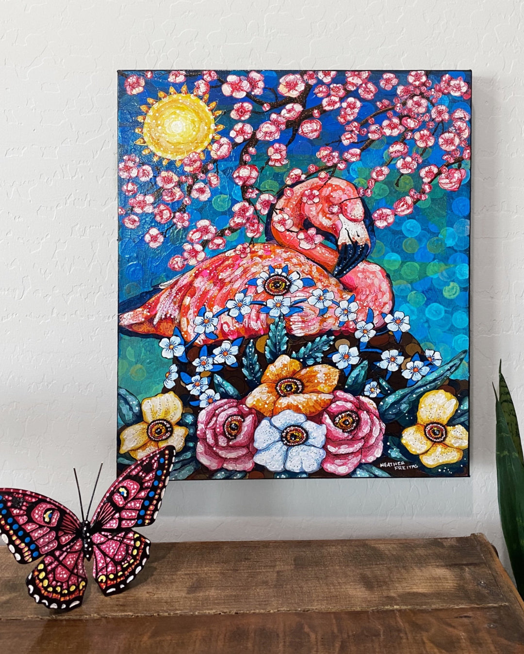 Pinky Flamingo ( Original Painting With Beaded Accents )
