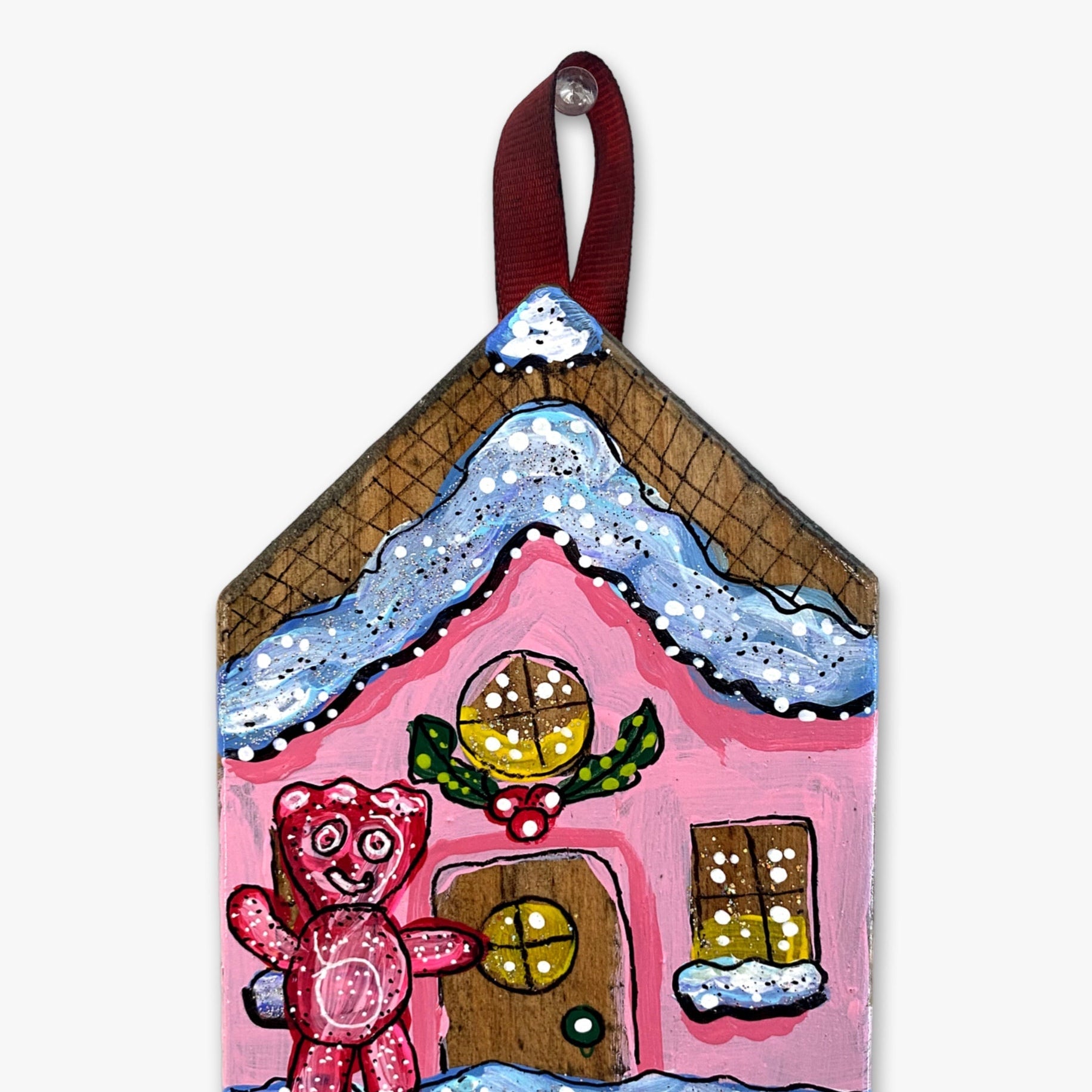 Sour Kid Pink Frosting Gingerbread House - Hand Painted Ornament - Heather Freitas 