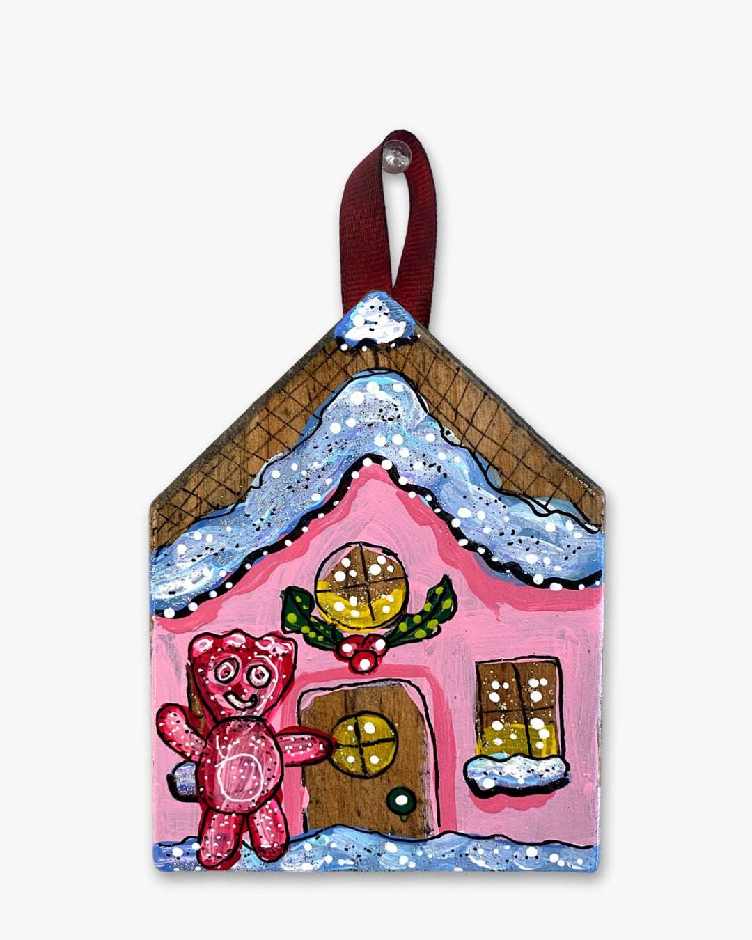 Sour Kid Pink Frosting Gingerbread House - Hand Painted Ornament - Heather Freitas 