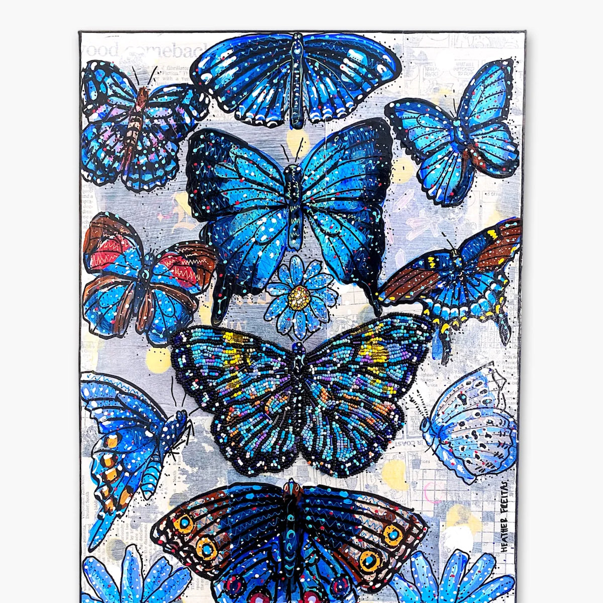 Specimen Blue - Painting With Beaded Butterfly Embellishment - Heather Freitas 